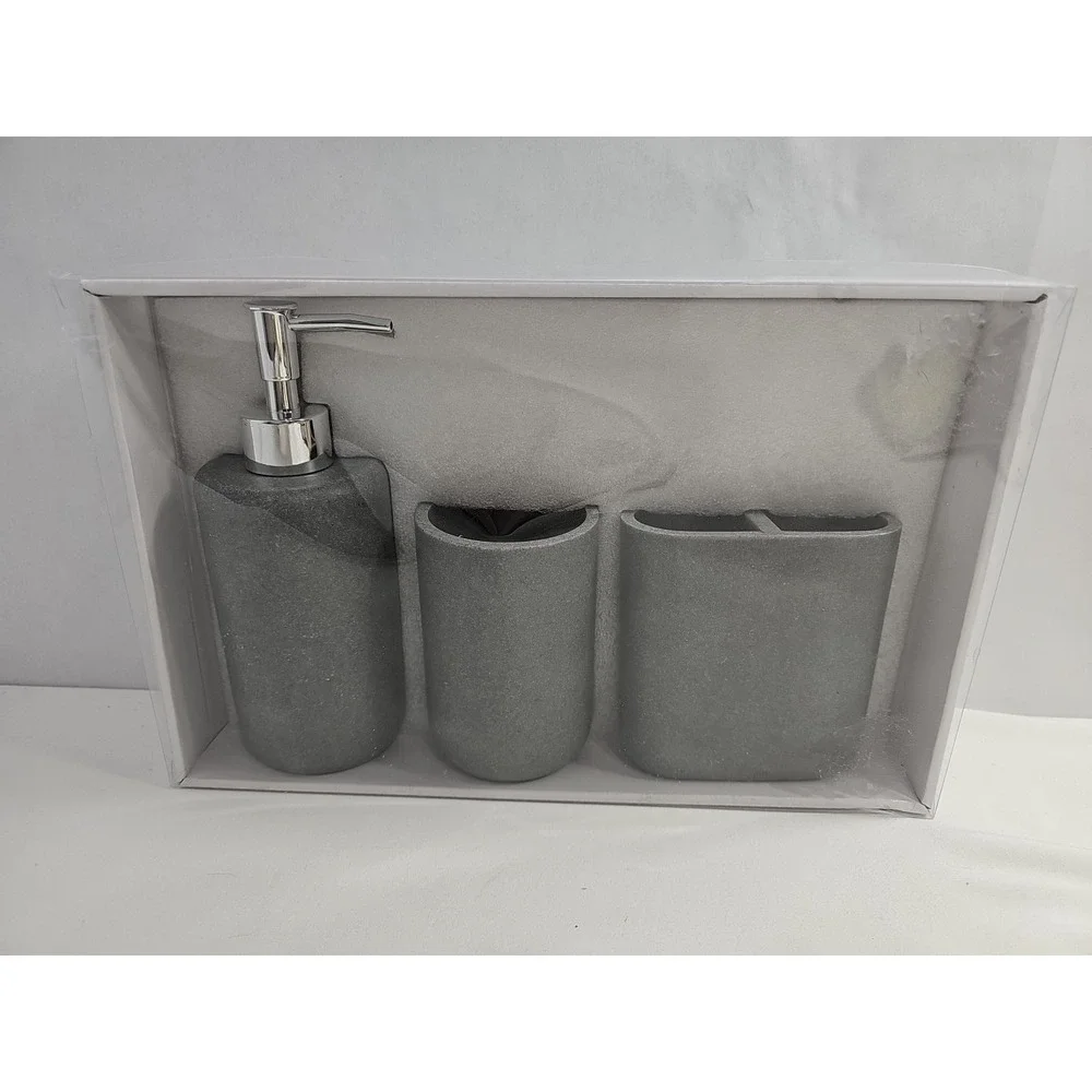 Sandstone Resin Bath Accessor 3 Pcs Soap Dispenser, Toothbrush Holder, Tumbler